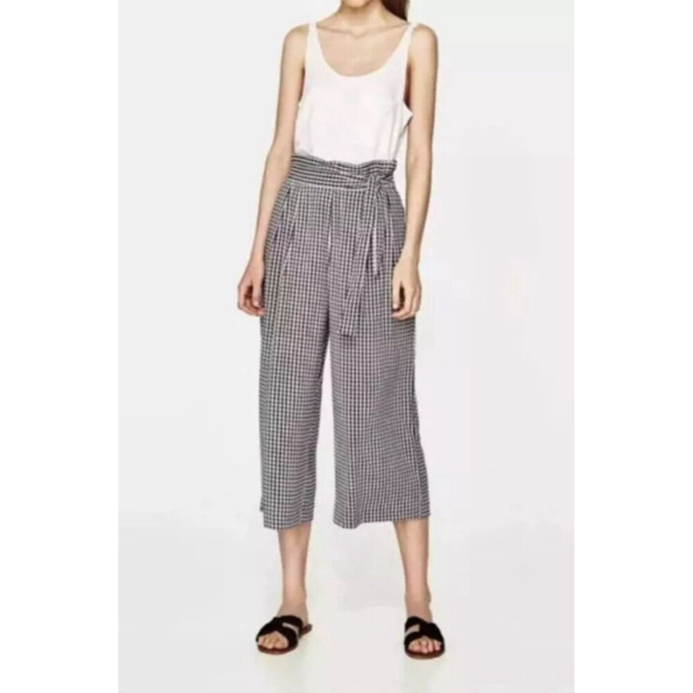 Zara Trafaluc Navy White Gingham Checkered Wideleg Cropped Pant Size Small